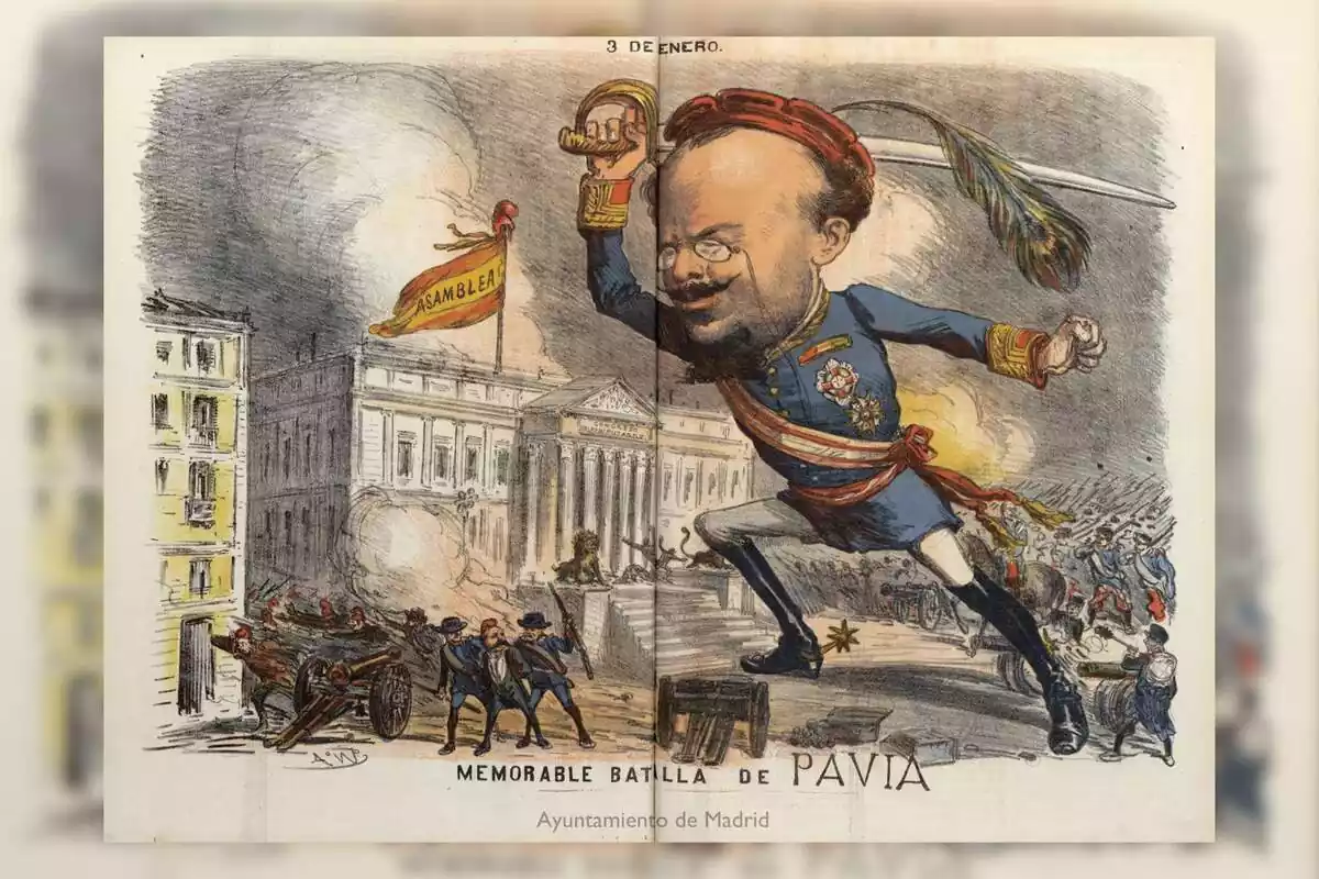 Il·lustració del general Pavia a les Corts, publicada a “La Madeja Política” del 24 de gener de 1874