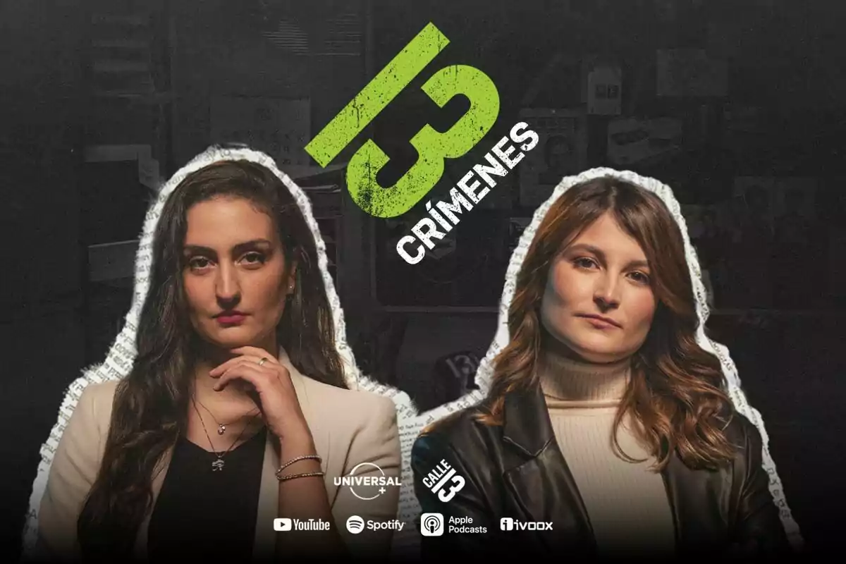 Imatge promocional del podcast "13 Crims" amb Silvia Ortiz i Emma Entrena en primer pla i el logotip del programa al centre, disponible a Universal+, YouTube, Spotify, Apple Podcasts i iVoox.