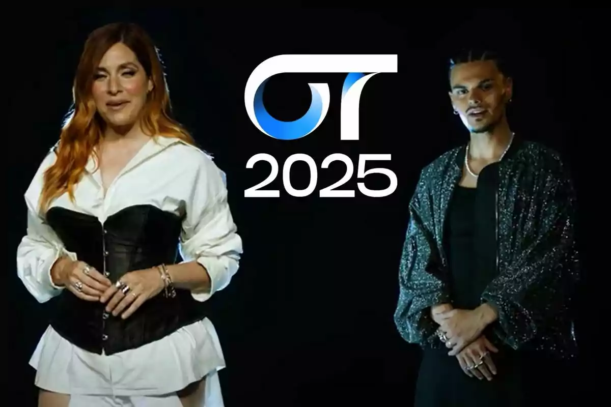 Leire Martínez i Abraham Mateo posen davant d’un fons negre al costat del logotip d’OT 2025