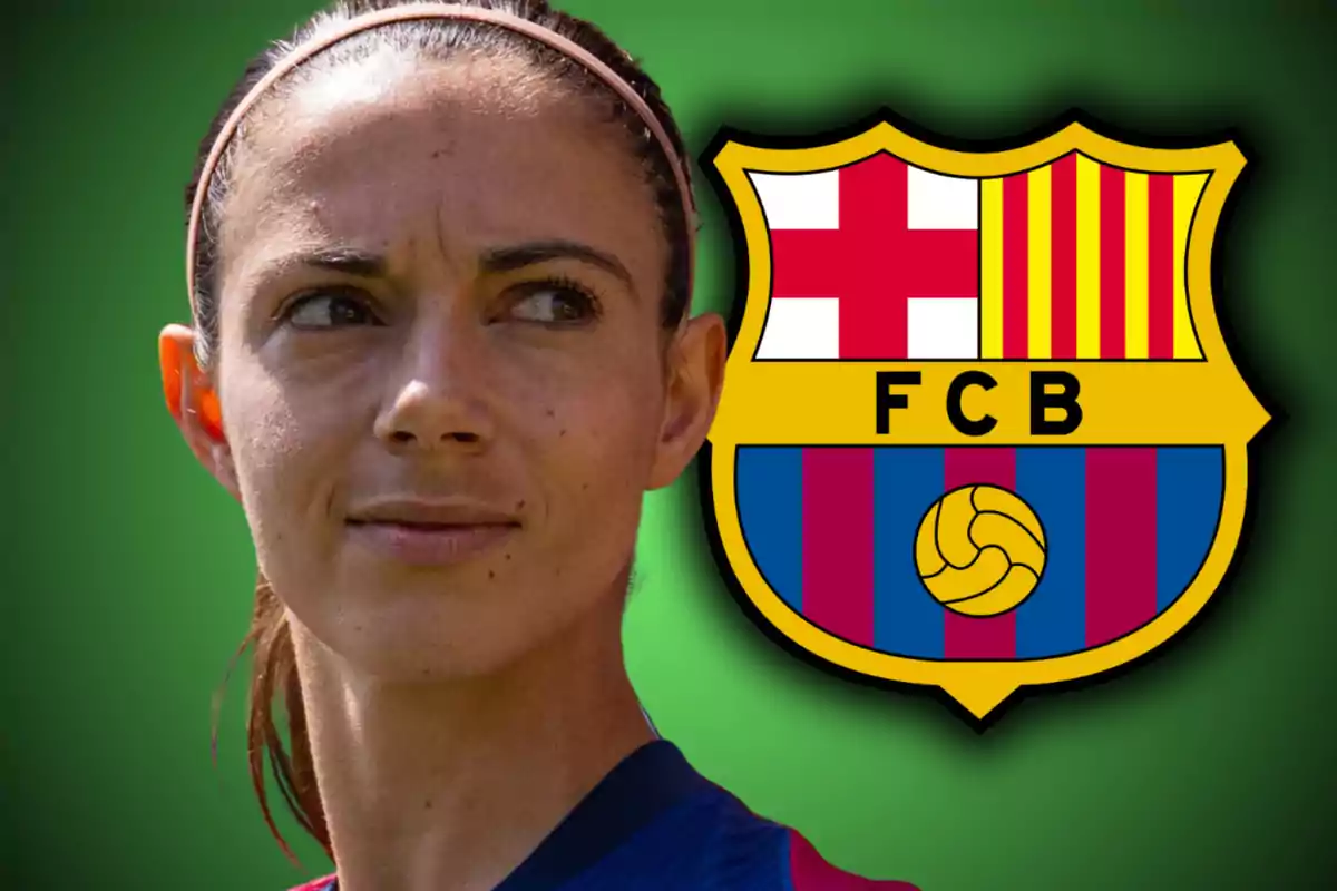 Soccer player with a headband in front of the FC Barcelona crest on a green background