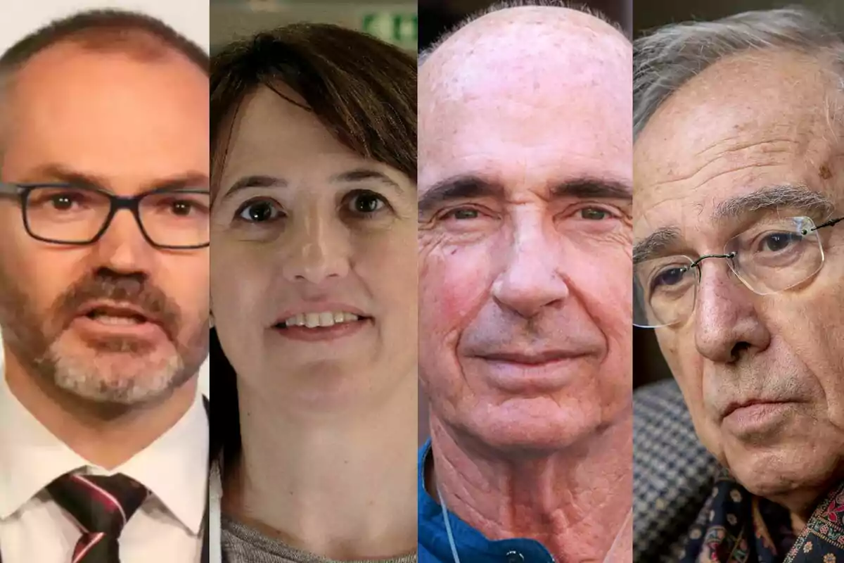 Four people of different ages and styles appear in a collage of portraits, each looking at the camera with serious or neutral expressions.