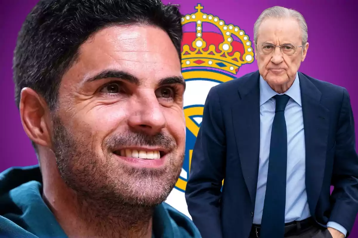 Two men in the foreground with the Real Madrid crest in the background on a purple backdrop