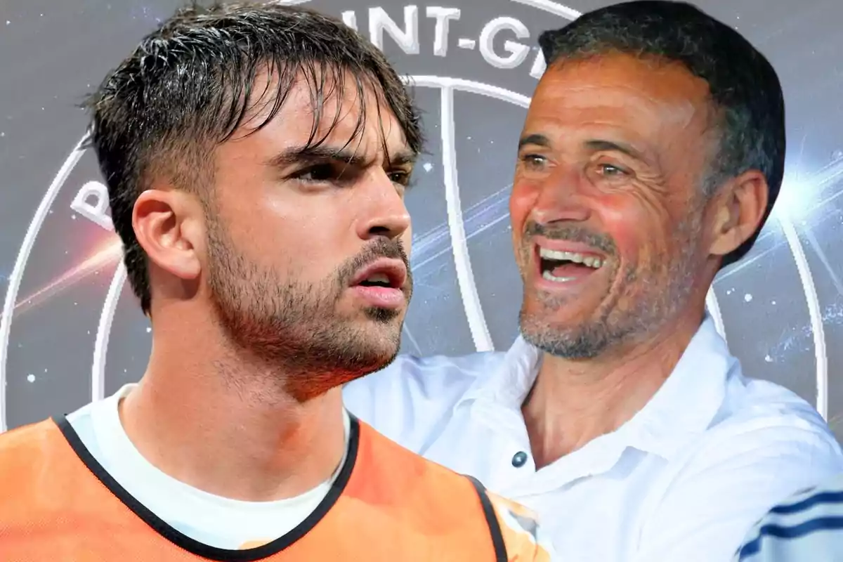 A player wearing an orange vest and a smiling man in the background with the PSG logo behind them