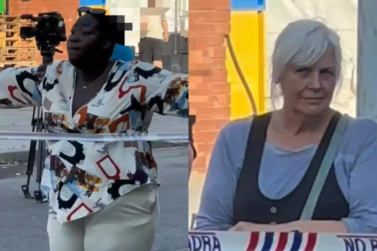 Dues dones són al carrer, una amb els braços estesos i l’altra observant, amb cinta de precaució en primer pla.