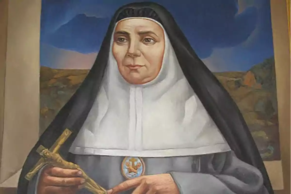 Pintura d’una monja amb hàbit negre i blanc sostenint un crucifix de fusta davant d’un paisatge de fons Pintura d’una monja amb hàbit negre i blanc sostenint un crucifix de fusta davant d’un paisatge de fons
