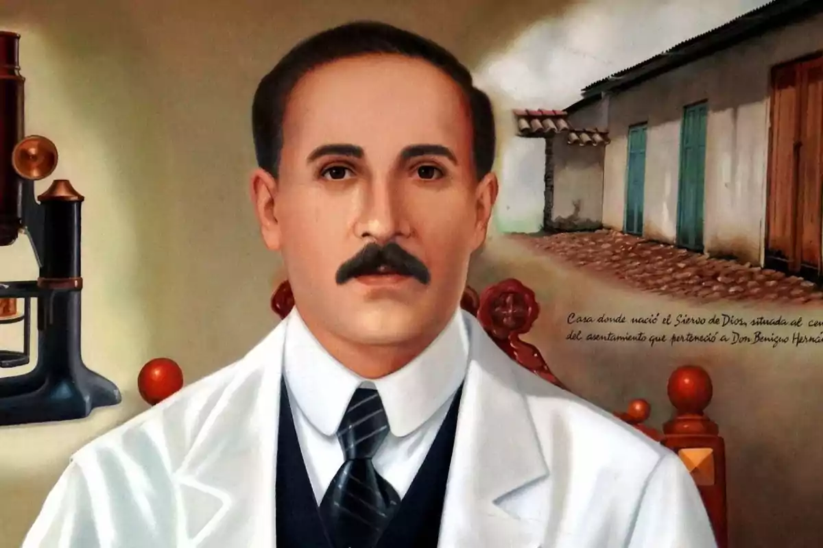 Retrat d’un home amb bigoti i bata blanca, assegut davant d’un fons que mostra un carrer empedrat i cases, amb un microscopi antic a l’esquerra. Retrat d’un home amb bigoti i bata blanca, assegut davant d’un fons que mostra un carrer empedrat i cases, amb un microscopi antic a l’esquerra.