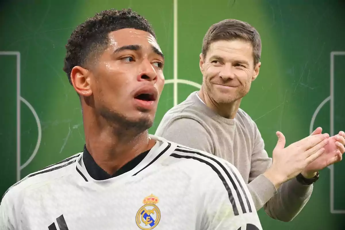 Futbolista del Reial Madrid en primer pla amb un entrenador aplaudint al fons sobre un camp de futbol verd