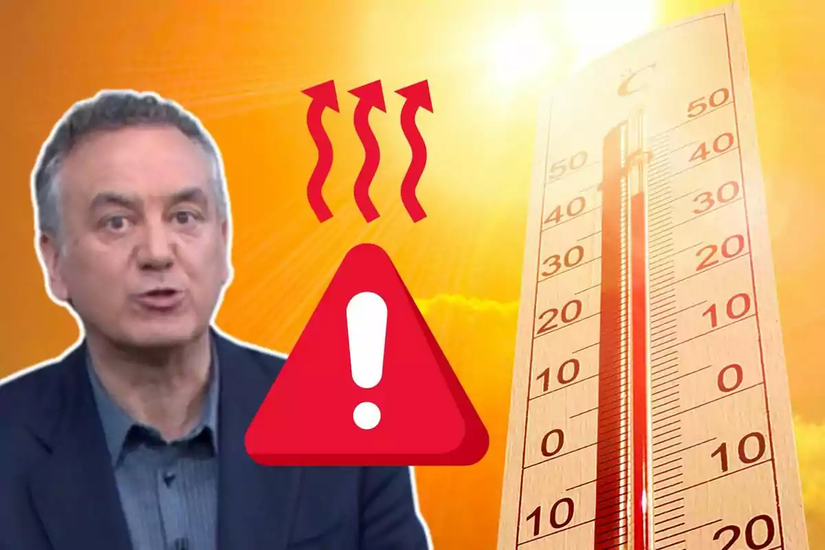 Home amb expressió seriosa al costat d’un termòmetre que marca altes temperatures, un sol brillant, fletxes vermelles ascendents i un triangle d’advertència que indica una onada de calor Home amb expressió seriosa al costat d’un termòmetre que marca altes temperatures, un sol brillant, fletxes vermelles ascendents i un triangle d’advertència que indica una onada de calor