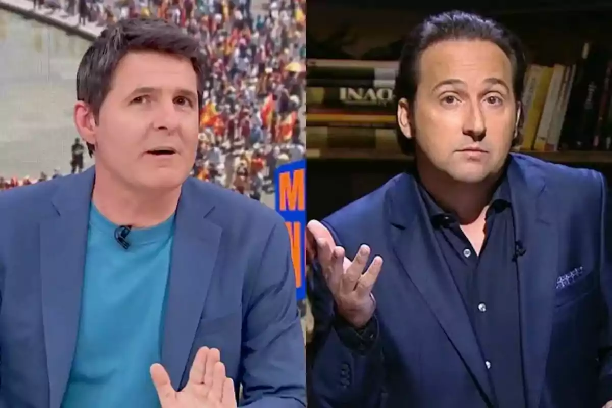 Jesús Cintora i Iker Jiménez amb jaquetes blaves apareixen en un muntatge dividit, un en un entorn d’estudi amb fons de multitud i l’altre en un ambient amb prestatgeria de llibres, tots dos gesticulant amb les mans.