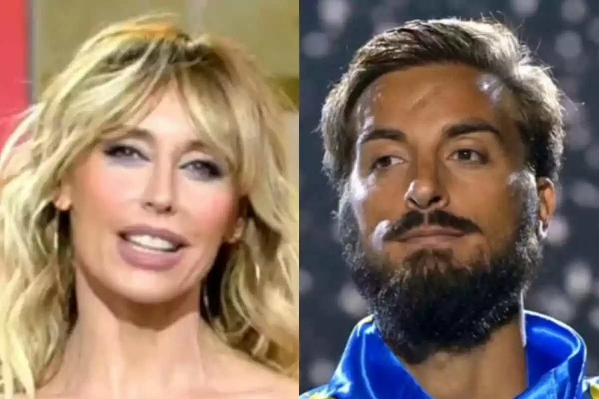 Dues persones apareixen en primer pla, Emma García rossa a Fiesta a l’esquerra i Borja González amb barba a Supervivientes a la dreta, tots dos mirant cap endavant.