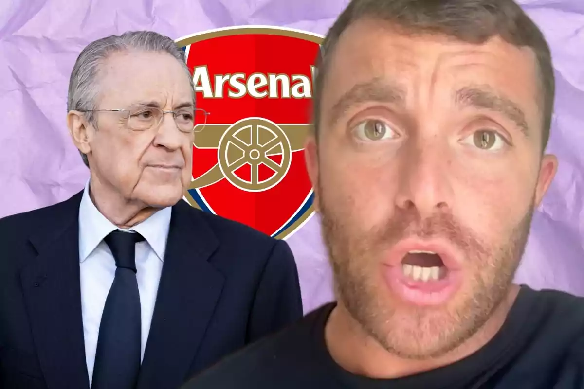 Un home gran amb vestit i un home jove amb barba apareixen davant de l’escut de l’Arsenal sobre un fons morat arrugat.