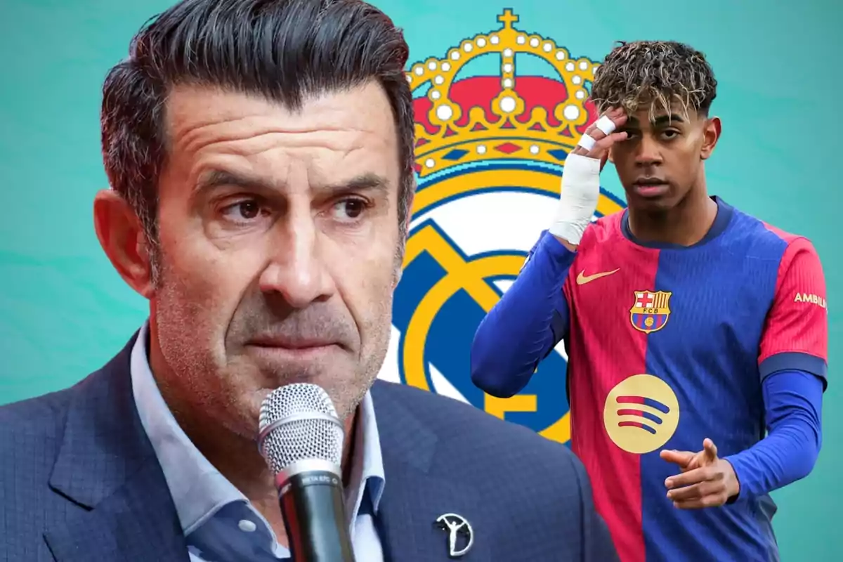Un home amb micròfon i un futbolista amb l’uniforme del Barcelona apareixen davant de l’escut del Reial Madrid.