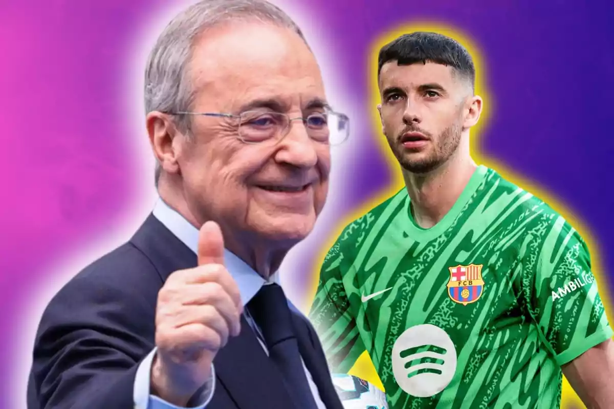 Florentino Pérez amb el polze aixecat amb Joan García amb la samarreta del FC Barcelona al fons sobre un fons de color morat