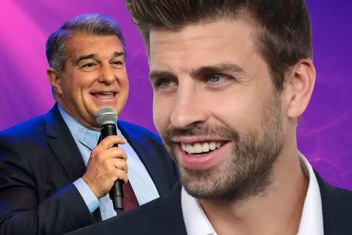 Two smiling men with a purple background, one of them holding a microphone and wearing a dark suit, and the other appearing in the foreground.