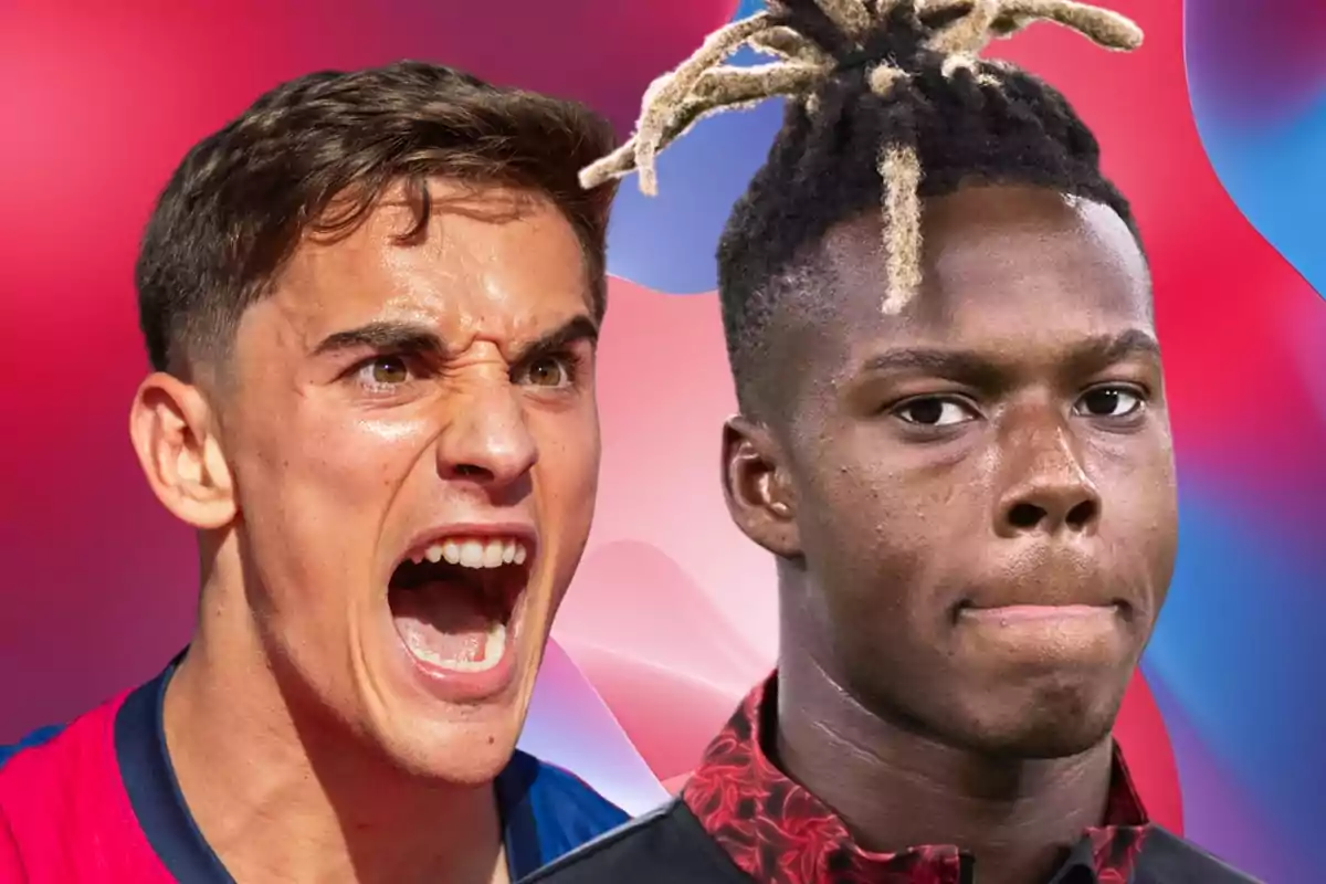 Two young men with intense facial expressions, one shouting and the other serious, against a colorful background.