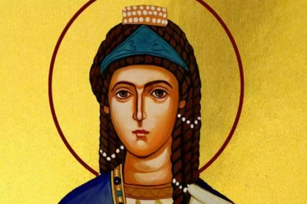 Pintura religiosa d’una dona amb cabell trenat, vestit blau i fons daurat Pintura religiosa d’una dona amb cabell trenat, vestit blau i fons daurat