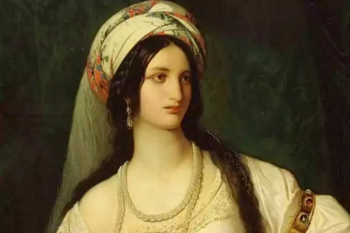 Retrat d’una dona amb cabells foscos, vestida amb roba elegant i un turbant decorat, portant collars de perles i arracades llargues