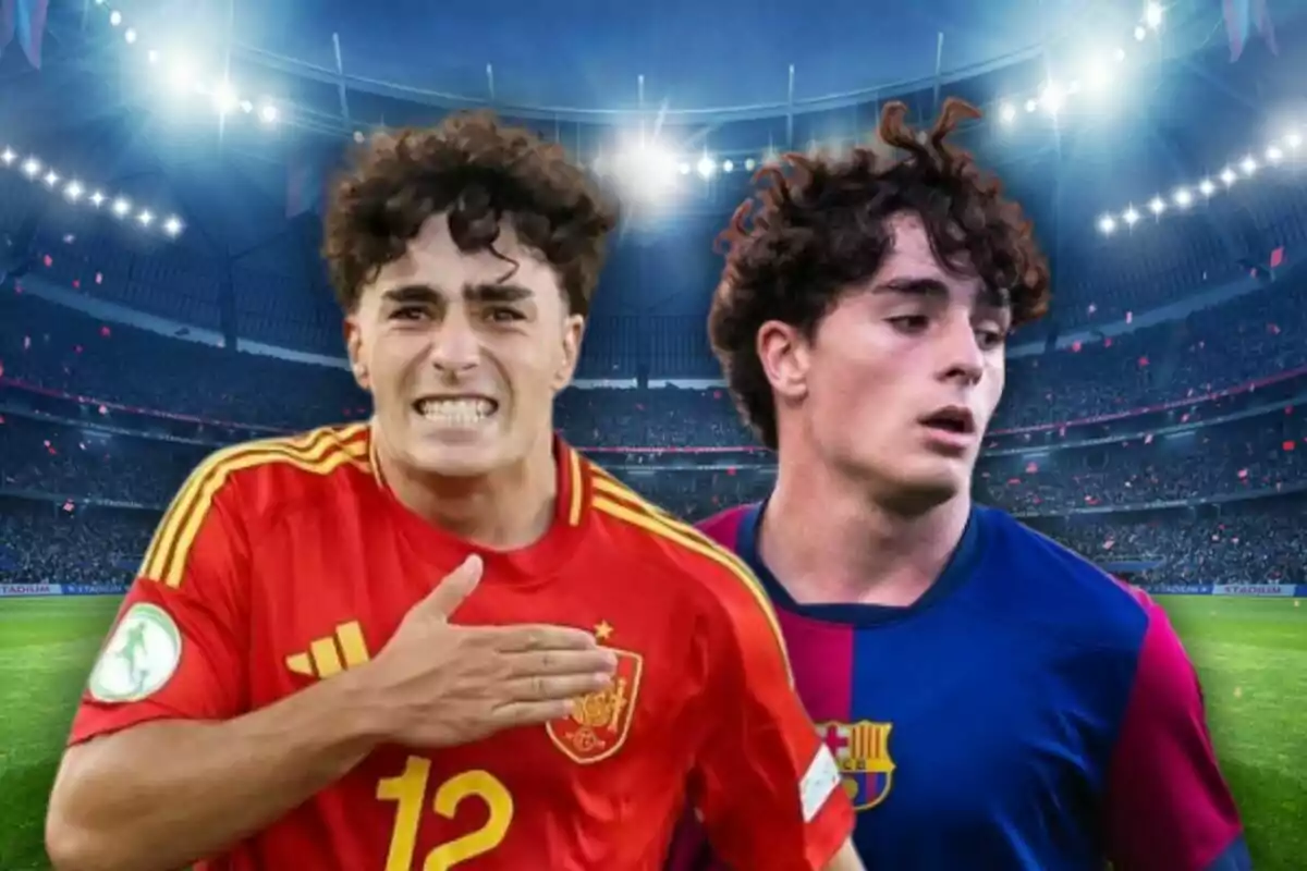 Two young players in a stadium, one wearing the Spain national team uniform and the other wearing the FC Barcelona uniform Two young players in a stadium, one wearing the Spain national team uniform and the other wearing the FC Barcelona uniform