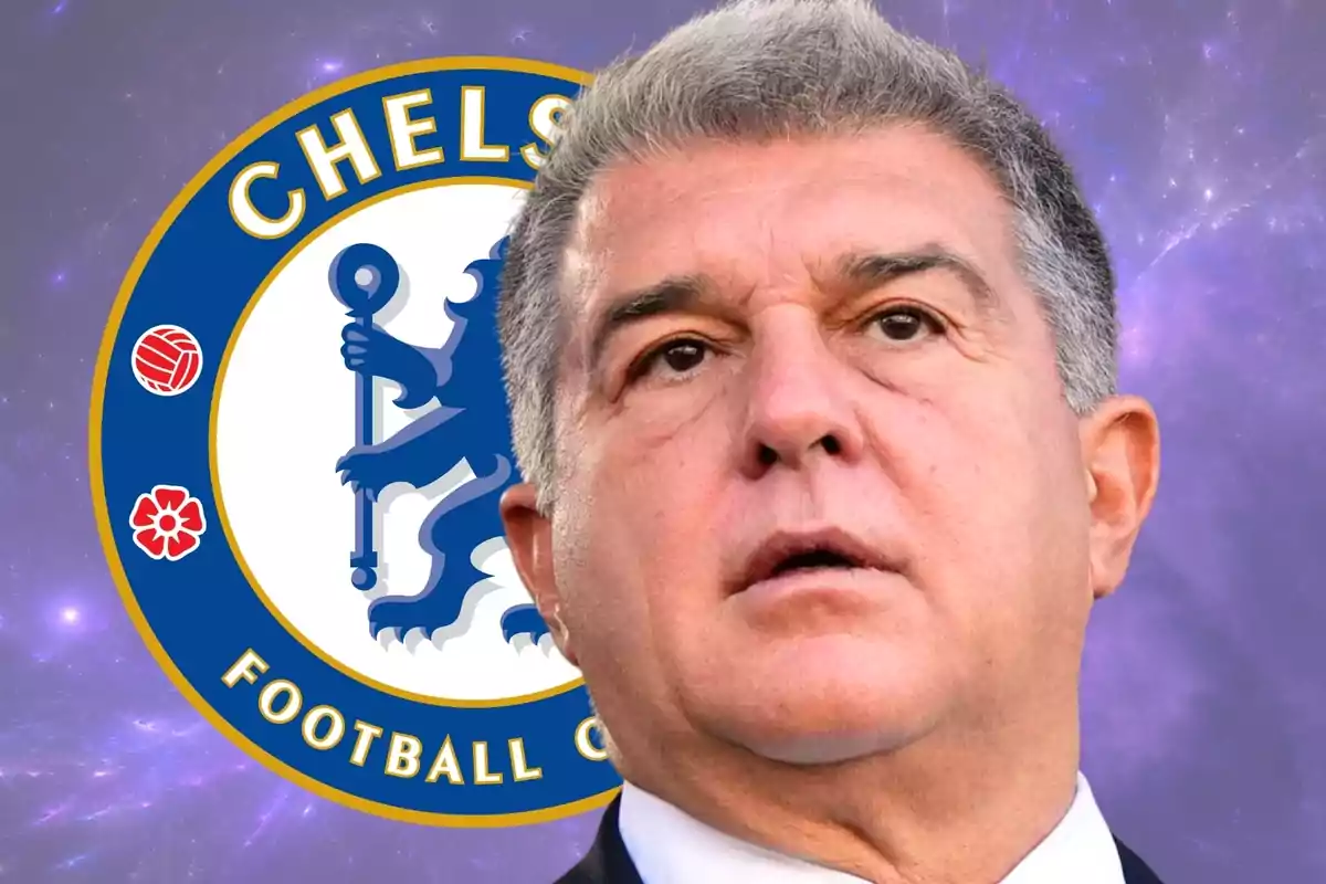 Gray-haired man in the foreground with the Chelsea crest in the background against a starry sky