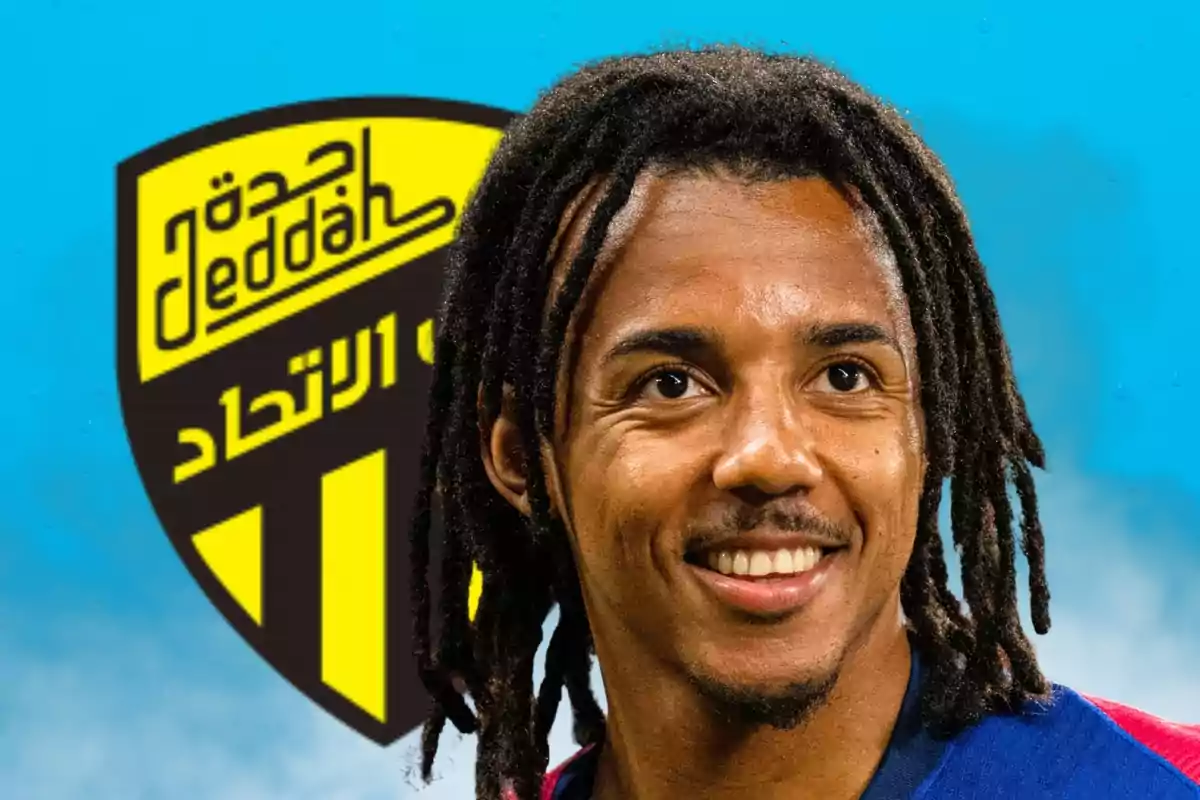 Smiling player with dreadlocks in front of the yellow and black crest of an Arab football team against a blue background