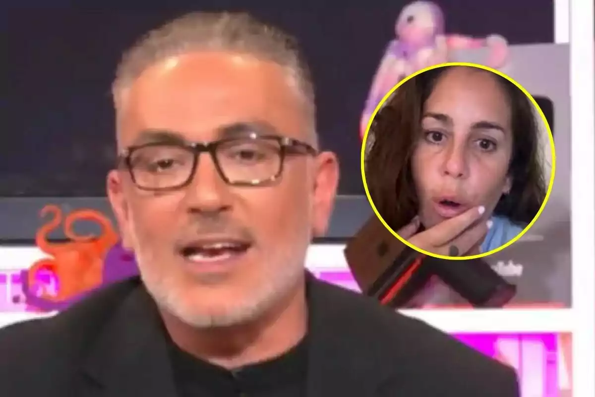 Kiko Hernández amb ulleres i barba parla a Tentacles en primer pla mentre a la cantonada superior dreta apareix el rostre d’Anabel Pantoja sorpresa dins d’un cercle groc.