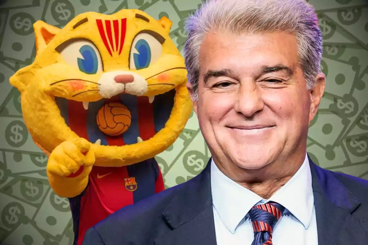 Smiling man with gray hair in the foreground and a yellow cat mascot wearing a Barcelona jersey in the background, set against a backdrop of bills with dollar signs.