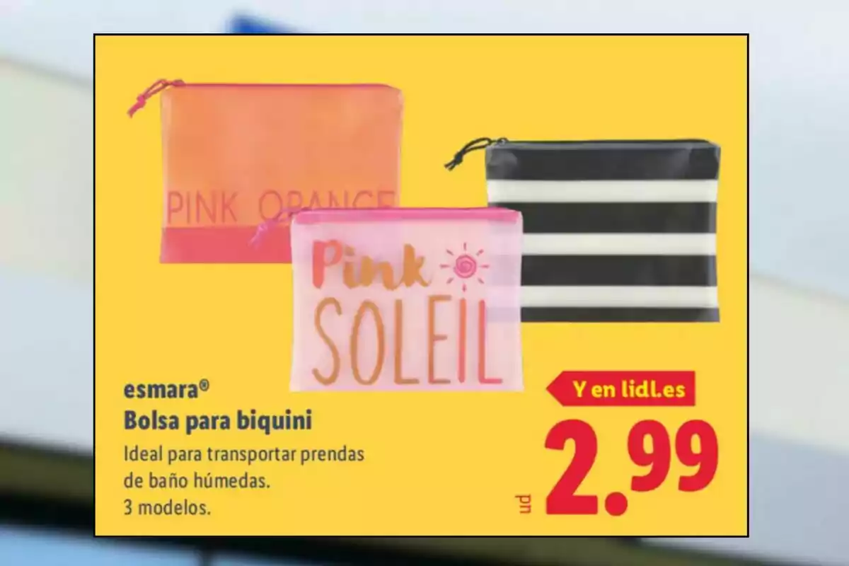 Tres bosses per a biquini de diferents dissenys i colors sobre un fons groc, amb un preu de 2,99 euros i la marca Esmara Tres bosses per a biquini de diferents dissenys i colors sobre un fons groc, amb un preu de 2,99 euros i la marca Esmara
