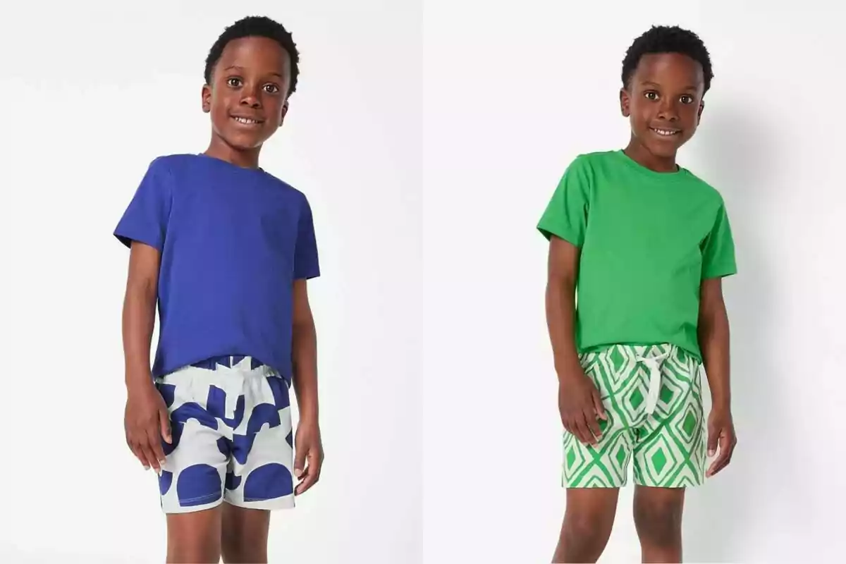Boy in a blue t-jersey and patterned shorts on the left, and the same boy in a green t-jersey and green geometric patterned shorts on the right Boy in a blue t-jersey and patterned shorts on the left, and the same boy in a green t-jersey and green geometric patterned shorts on the right