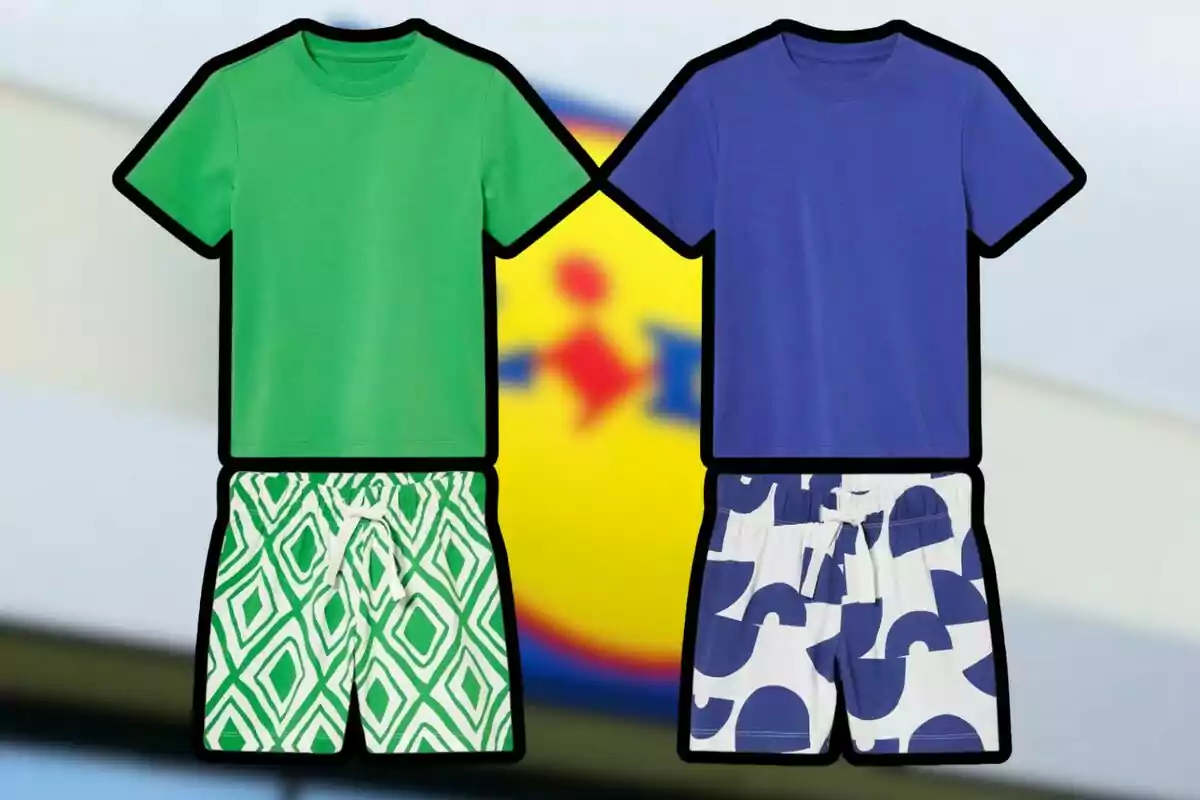 Two sets of summer clothes for children, one with a green t-jersey and green and white geometric patterned shorts, and the other with a blue t-jersey and blue and white abstract patterned shorts, on a blurred background. Two sets of summer clothes for children, one with a green t-jersey and green and white geometric patterned shorts, and the other with a blue t-jersey and blue and white abstract patterned shorts, on a blurred background.