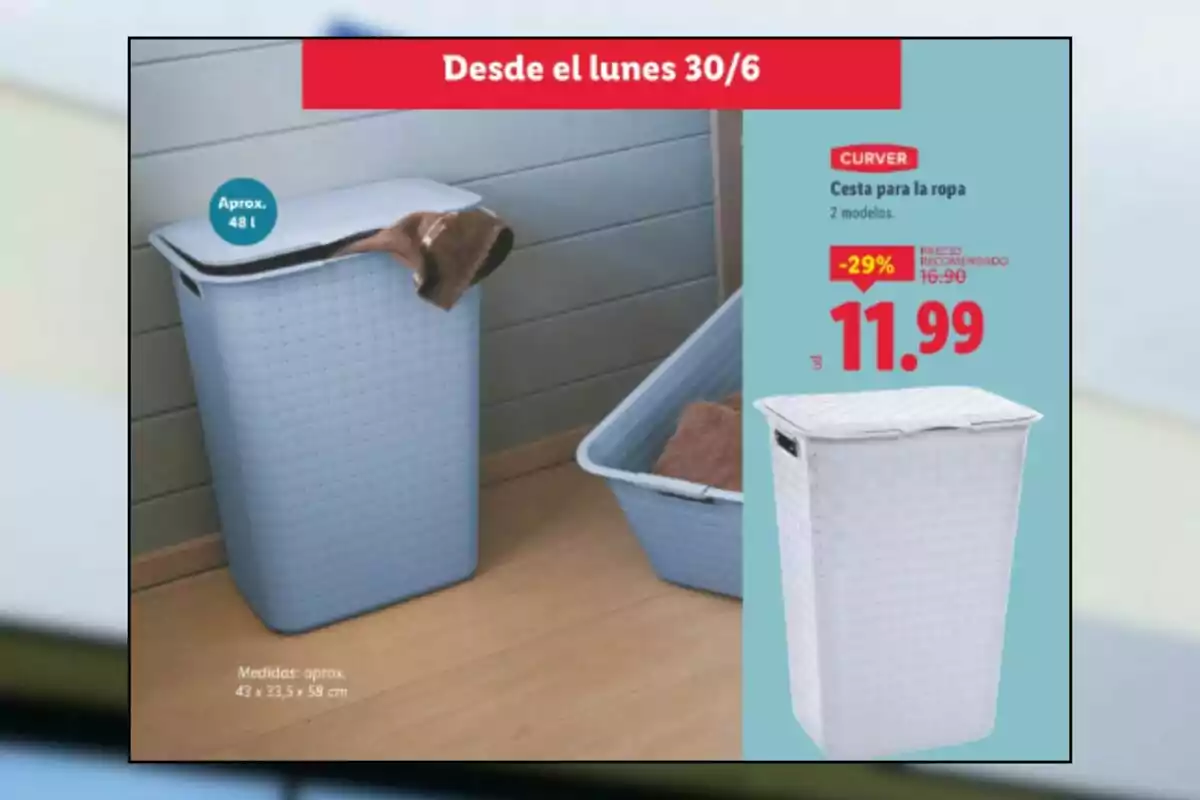 Plastic laundry basket with lid and light-colored wicker-style design, available on sale starting Monday, June 30th at a price of 11.99 euros Plastic laundry basket with lid and light-colored wicker-style design, available on sale starting Monday, June 30th at a price of 11.99 euros