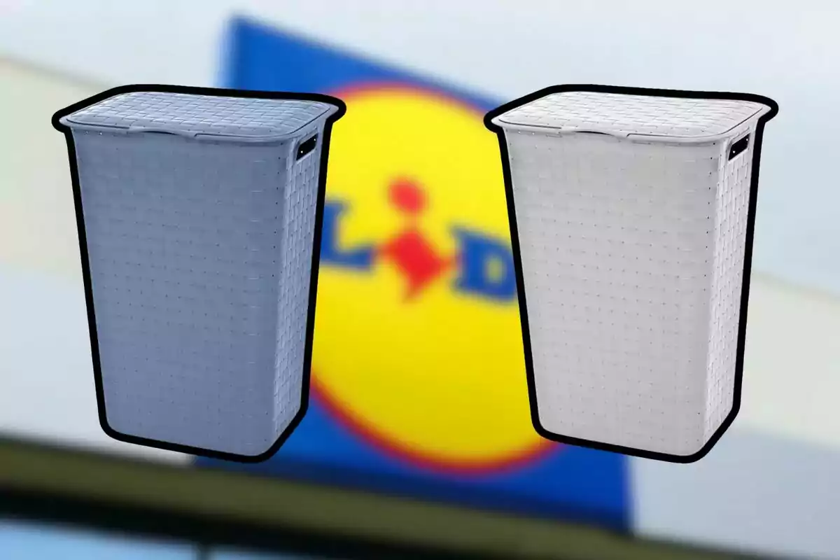 Two laundry baskets of different colors with a blurred background of a Lidl sign Two laundry baskets of different colors with a blurred background of a Lidl sign