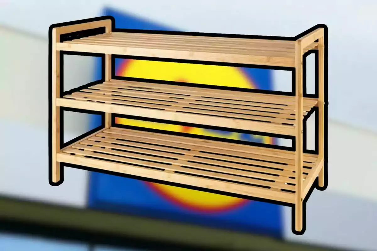 Three-tier wooden shelf with a blurred background of blue, yellow, and red colors Three-tier wooden shelf with a blurred background of blue, yellow, and red colors
