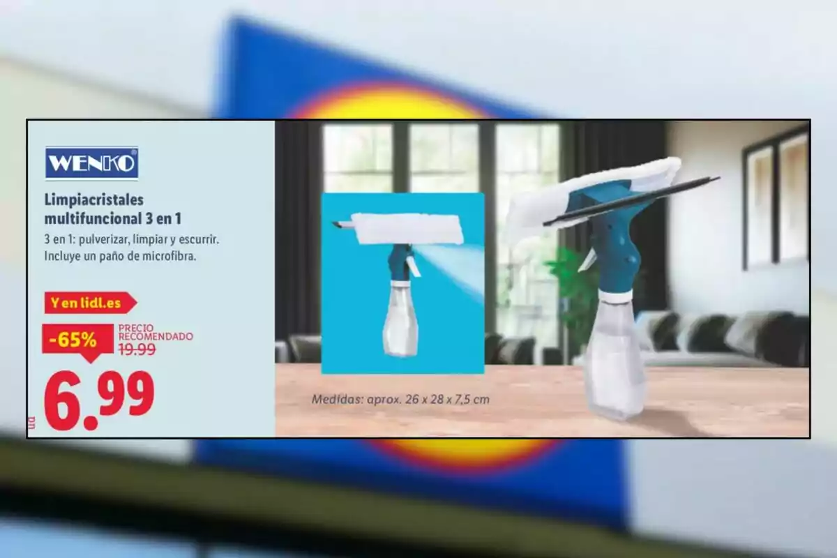 Publicitat d’un netejavidres multifuncional 3 en 1 de la marca Wenko amb preu rebaixat a 6,99 euros a Lidl, mostrant el producte sobre una taula en una sala moderna Publicitat d’un netejavidres multifuncional 3 en 1 de la marca Wenko amb preu rebaixat a 6,99 euros a Lidl, mostrant el producte sobre una taula en una sala moderna