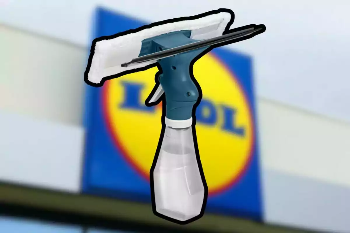 Netejavidres amb polvoritzador i esponja davant d’un cartell borros de la botiga Lidl Netejavidres amb polvoritzador i esponja davant d’un cartell borros de la botiga Lidl
