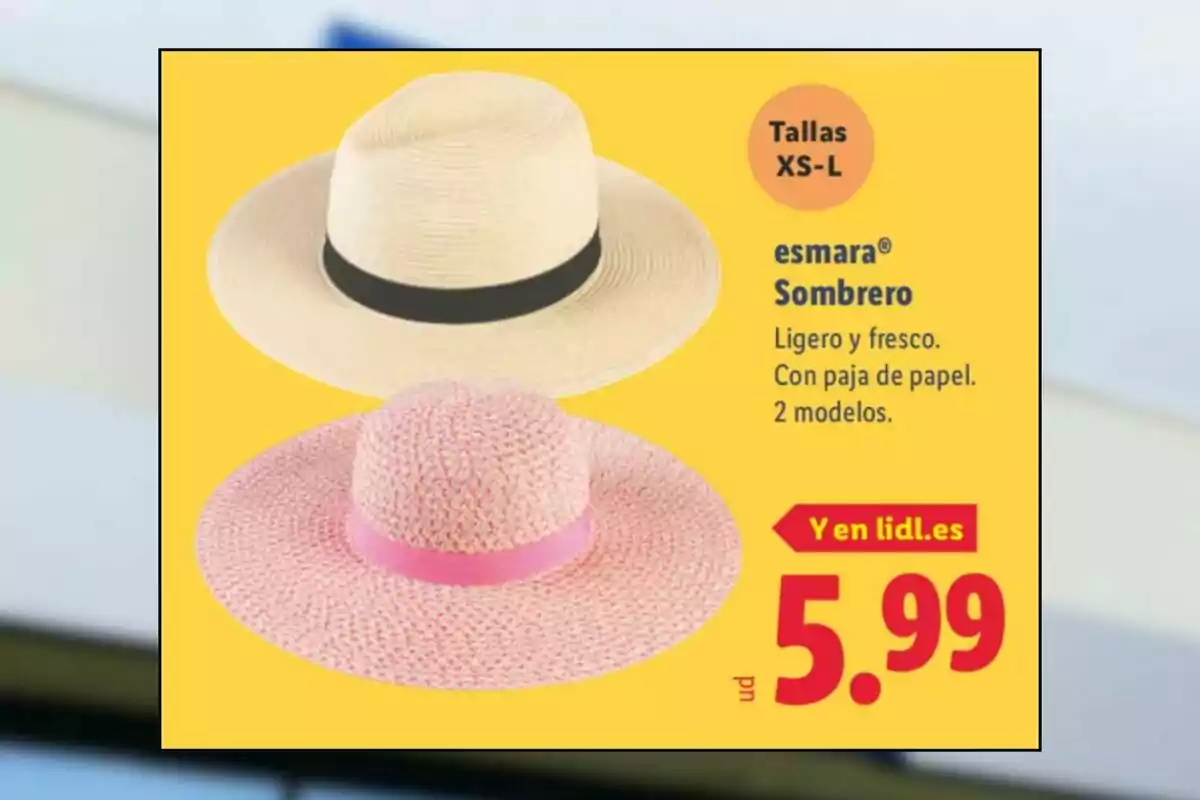 Dos barrets de palla de paper en colors clar i rosa amb cintes decoratives, anunci de venda amb preu de 5,99 euros i talles disponibles de XS a L Dos barrets de palla de paper en colors clar i rosa amb cintes decoratives, anunci de venda amb preu de 5,99 euros i talles disponibles de XS a L