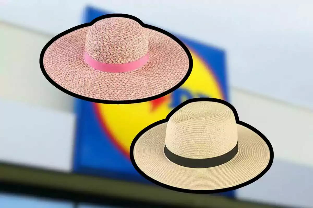 Dos barrets d’ala ampla, un de beix amb cinta negra i un altre de rosat amb cinta rosa, sobre un fons desenfocat d’un rètol de supermercat. Dos barrets d’ala ampla, un de beix amb cinta negra i un altre de rosat amb cinta rosa, sobre un fons desenfocat d’un rètol de supermercat.