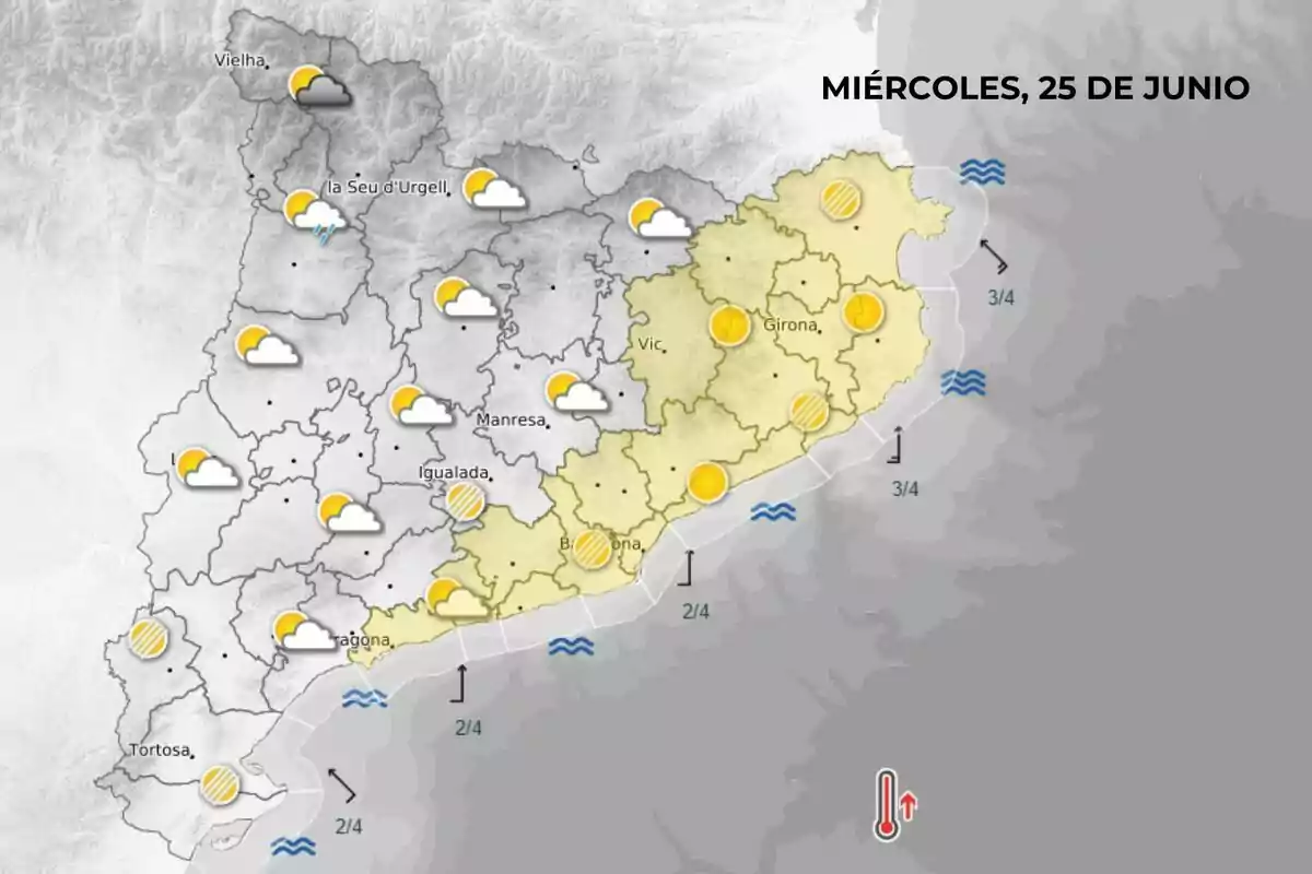 Mapa meteorològic de Catalunya per al dimecres 25 de juny amb previsió de sol a la costa i núvols a l’interior, algunes pluges al nord i avís de temperatures altes. Mapa meteorològic de Catalunya per al dimecres 25 de juny amb previsió de sol a la costa i núvols a l’interior, algunes pluges al nord i avís de temperatures altes.