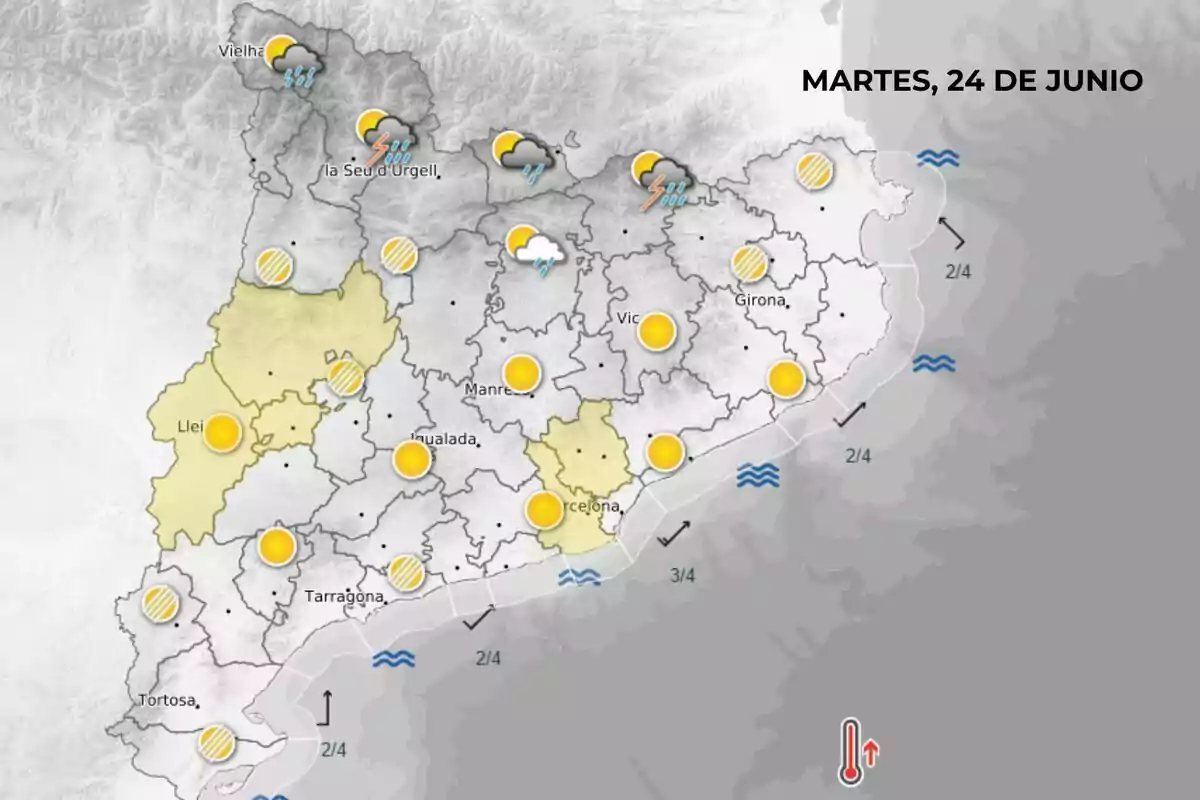 Mapa meteorològic de Catalunya per al dimarts 24 de juny amb icones de sol, núvols, pluges i tempestes en diferents regions, a més de zones ressaltades en groc i símbols d’onatge a la costa. Mapa meteorològic de Catalunya per al dimarts 24 de juny amb icones de sol, núvols, pluges i tempestes en diferents regions, a més de zones ressaltades en groc i símbols d’onatge a la costa.