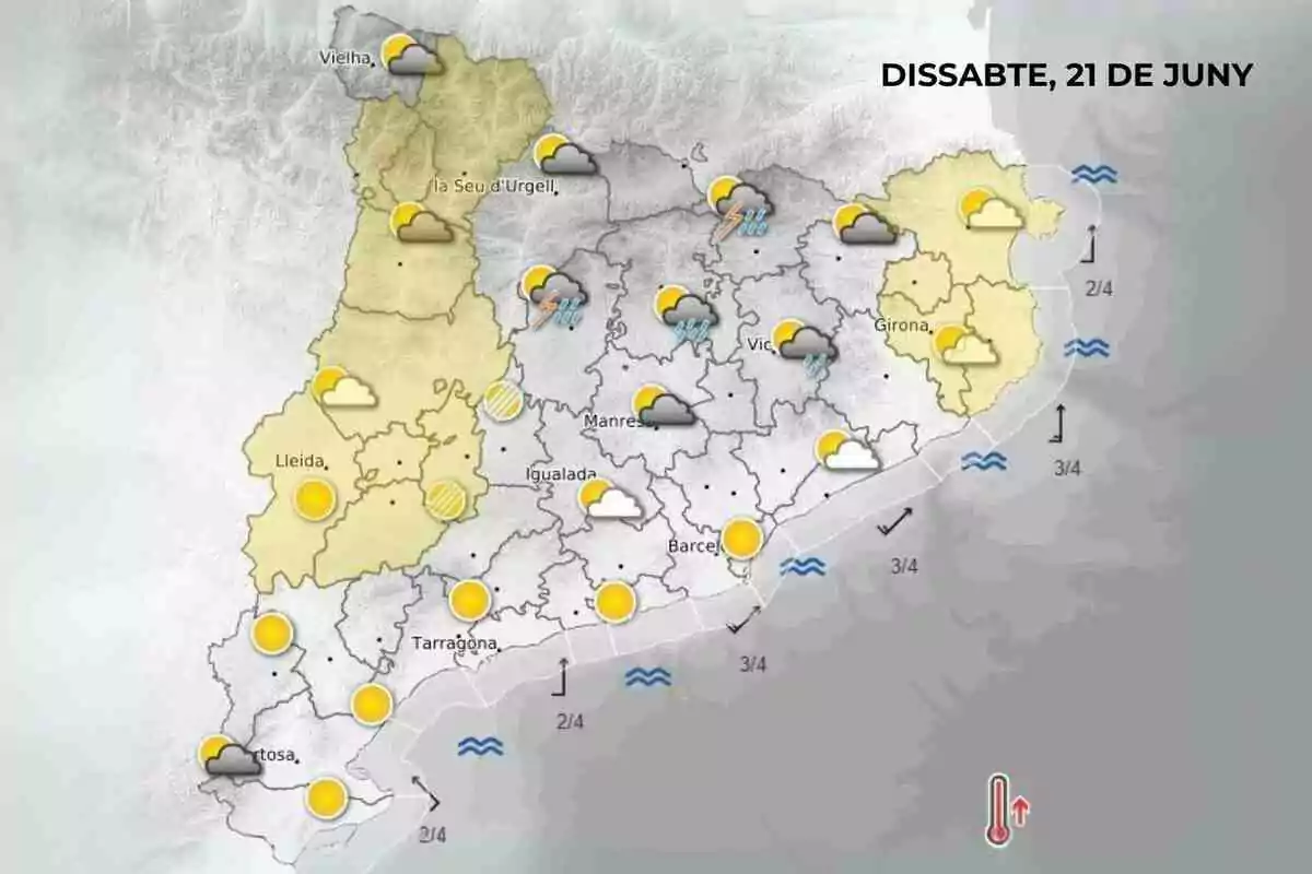 Mapa meteorològic de Catalunya per al dissabte 21 de juny amb icones que mostren sol, núvols, pluges i tempestes a diferents regions, a més de símbols d’onatge a la costa i un termòmetre indicant pujada de temperatura Mapa meteorològic de Catalunya per al dissabte 21 de juny amb icones que mostren sol, núvols, pluges i tempestes a diferents regions, a més de símbols d’onatge a la costa i un termòmetre indicant pujada de temperatura