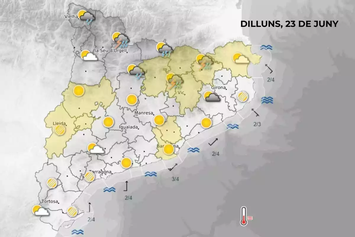 Mapa meteorològic de Catalunya per al dilluns 23 de juny amb icones de sol, núvols, pluges i tempestes a diferents regions, a més de símbols d’onatge i temperatura elevada a la costa. Mapa meteorològic de Catalunya per al dilluns 23 de juny amb icones de sol, núvols, pluges i tempestes a diferents regions, a més de símbols d’onatge i temperatura elevada a la costa.