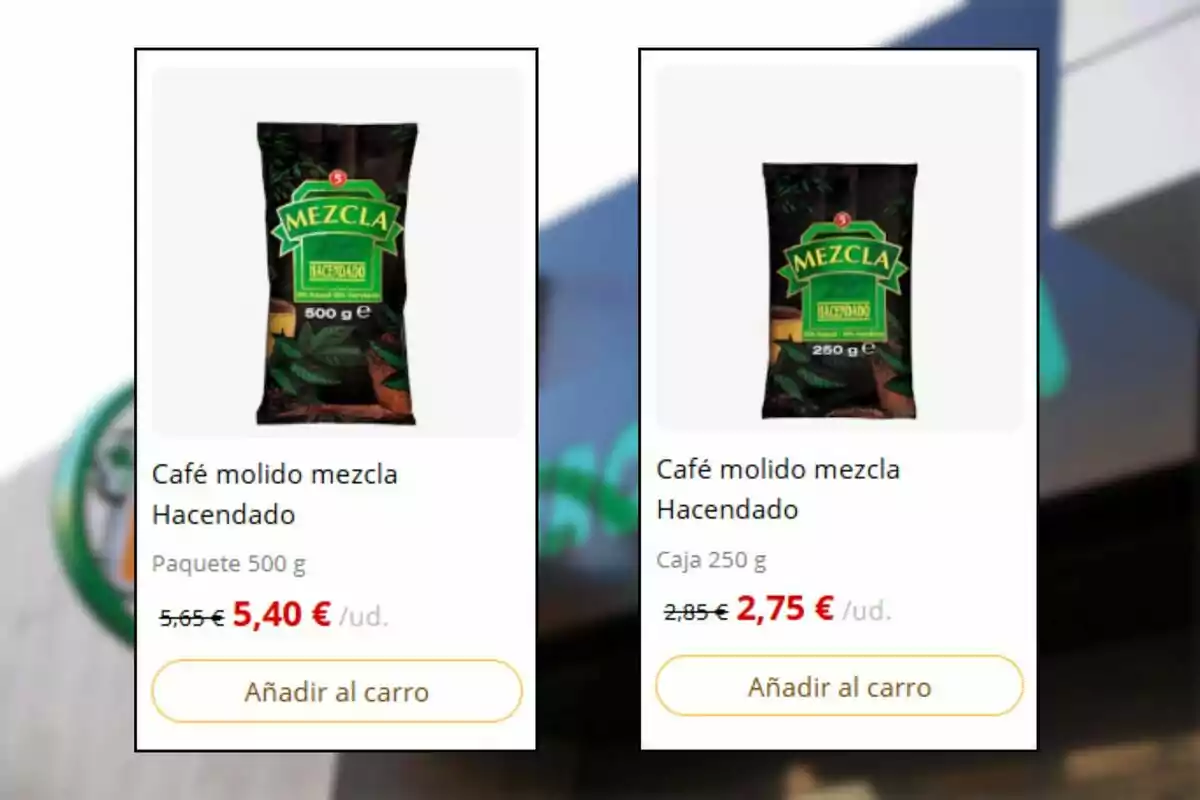 Dos paquets de cafè mòlt barreja Hacendado en presentació de 500 grams i 250 grams amb els seus preus rebaixats i opció d’afegir al carretó de compra Dos paquets de cafè mòlt barreja Hacendado en presentació de 500 grams i 250 grams amb els seus preus rebaixats i opció d’afegir al carretó de compra