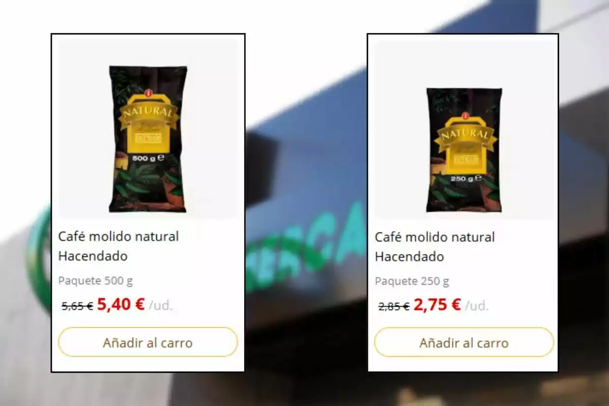 Dos paquets de cafè mòlt natural Hacendado en presentació de 500 grams i 250 grams amb els seus preus rebaixats i opció d’afegir al carretó Dos paquets de cafè mòlt natural Hacendado en presentació de 500 grams i 250 grams amb els seus preus rebaixats i opció d’afegir al carretó
