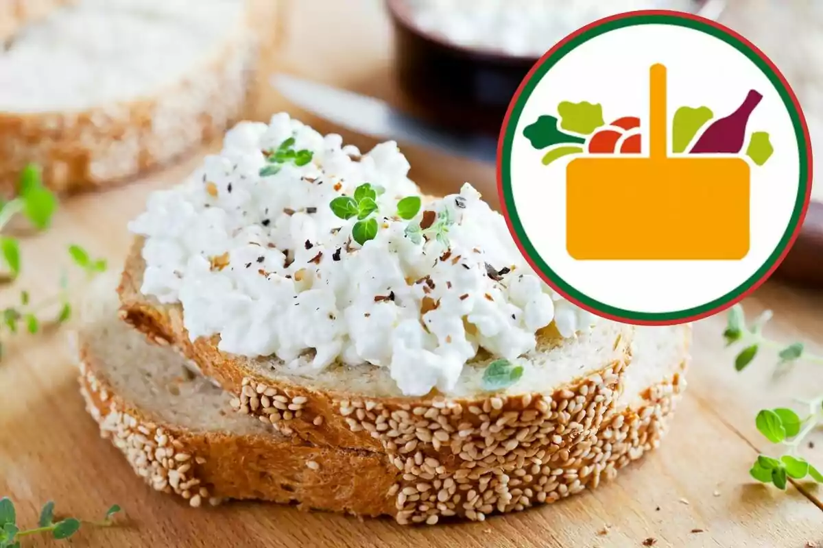 Slices of seeded bread topped with cottage cheese and fresh herbs on a wooden board next to a food basket icon Slices of seeded bread topped with cottage cheese and fresh herbs on a wooden board next to a food basket icon