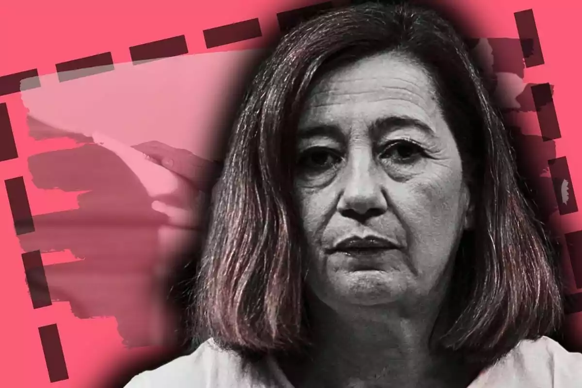 Muntatge de fotos de Francina Armengol amb expressió seriosa en primer pla amb fons rosa i detalls gràfics foscos.