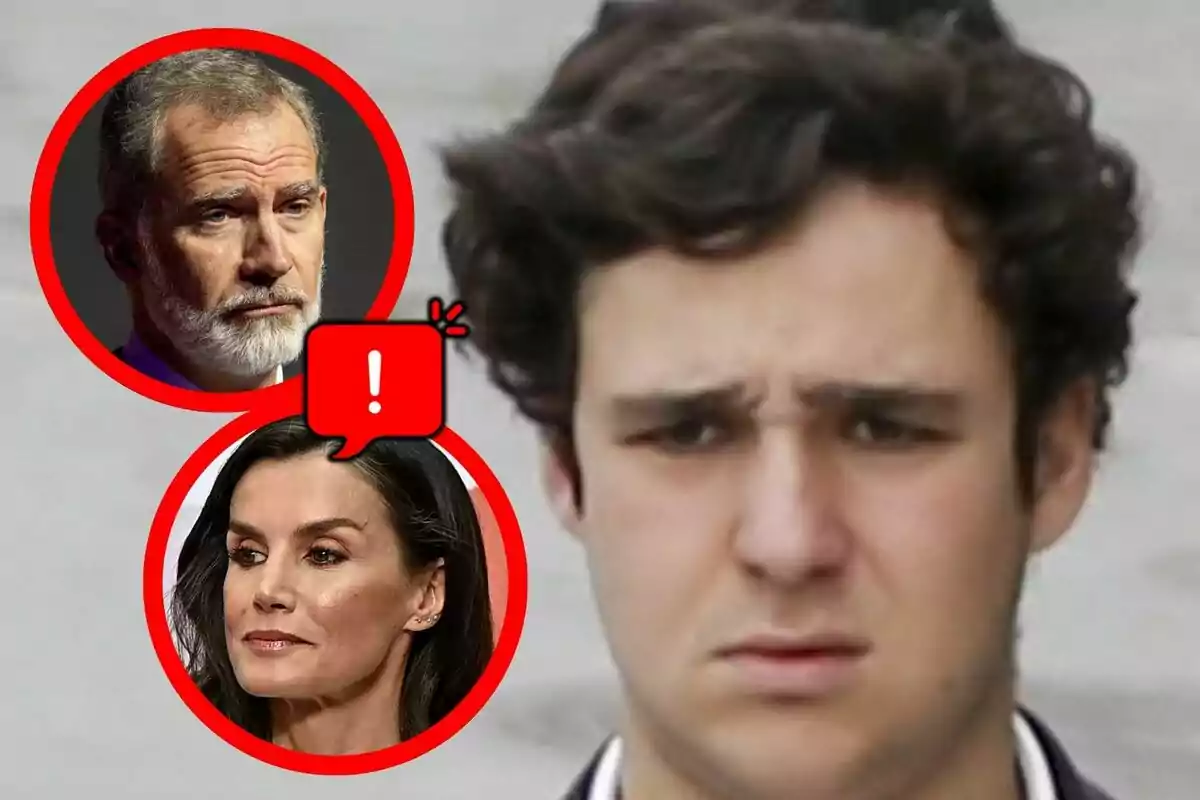 Froilán with a serious expression in the foreground and two adult faces—Felipe VI and Letizia Ortiz—in red circles with an exclamation icon between them.