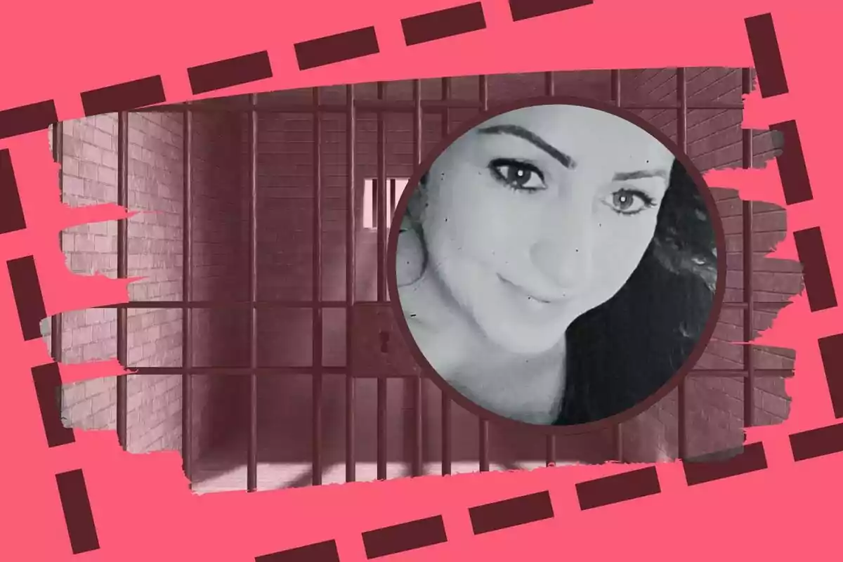 Muntatge amb una cel·la de presó de fons i el retrat de Núria López en blanc i negre emmarcat en un cercle sobre un disseny gràfic en tons rosa i marró.