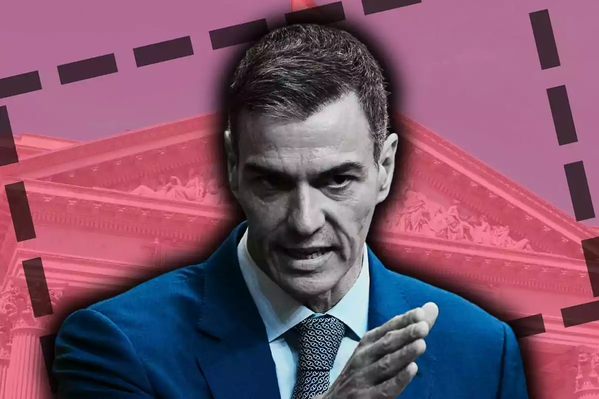 Muntatge de fotos de primer pla de Pedro Sánchez amb rostre d’enfadament i, de fons, una imatge de la façana del Congrés dels Diputats.