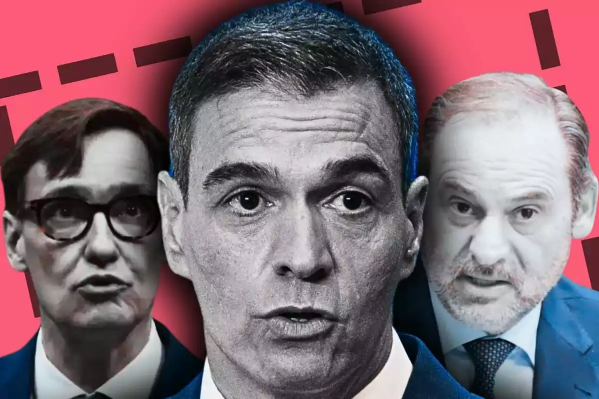 Muntatge de fotos en primer pla de Pedro Sánchez, Salvador Illa i José Luis Ábalos.