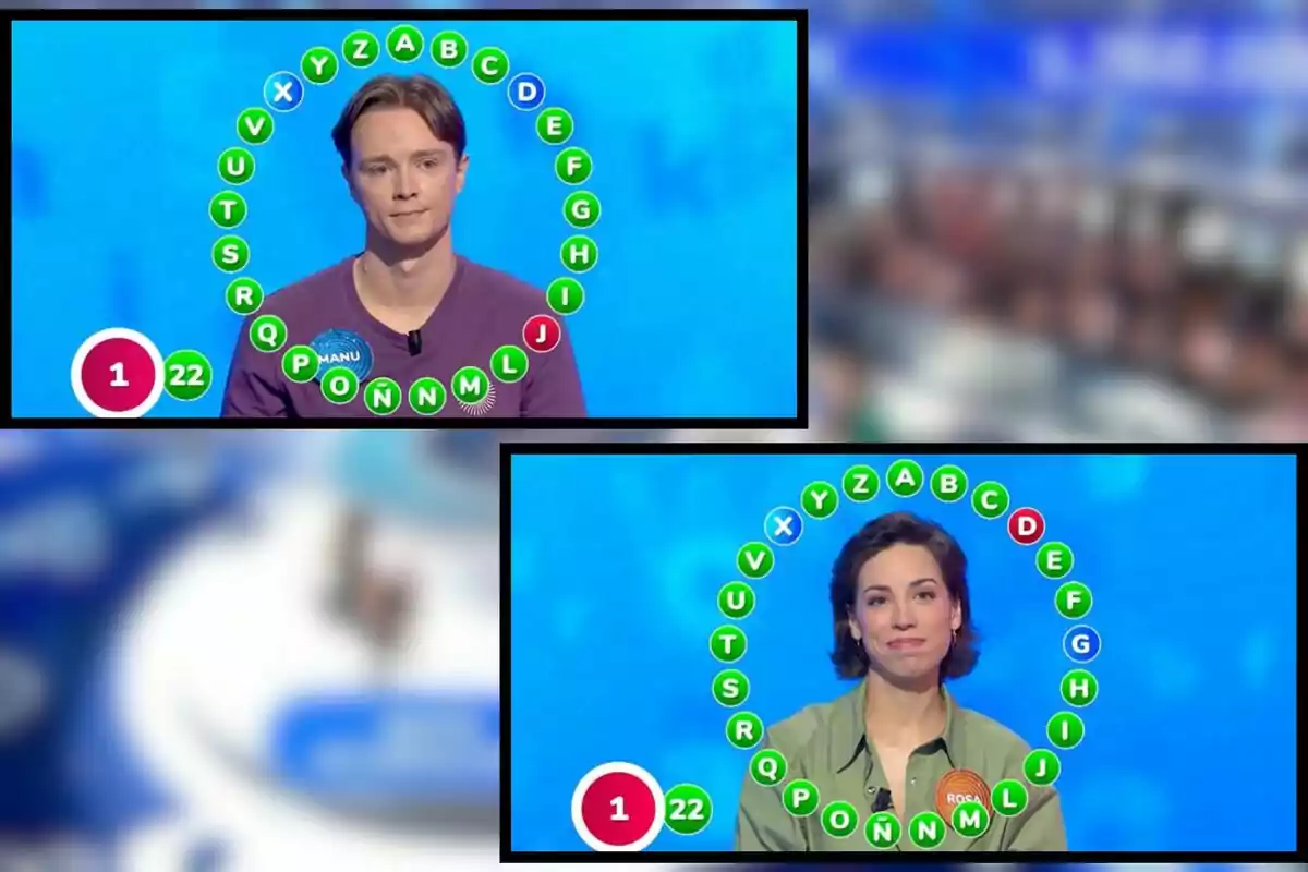 Two contestants taking part in the final round of the 'Pasapalabra' game, Manu and Rosa, each surrounded by letters in a circle and with a scoreboard showing correct and incorrect answers. Two contestants taking part in the final round of the 'Pasapalabra' game, Manu and Rosa, each surrounded by letters in a circle and with a scoreboard showing correct and incorrect answers.