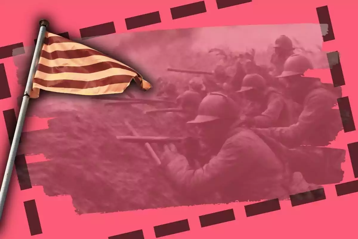 Una senyera onejant davant d’una imatge de soldats en combat durant la Primera Guerra Mundial amb un filtre rosat i un marc decoratiu.